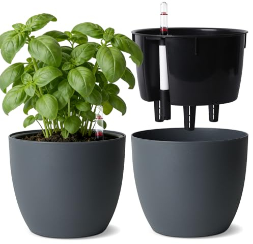 T4U 2Pcs 17,5cm Selbstbewässerungstopf mit Wasseranzeiger, Praktischer Blumentopf für vielbeschäftigte Anfänger und Gärtner, Plant Pot geeignet für Geranien/Minze für den Innen und Außenbereich (Grau)