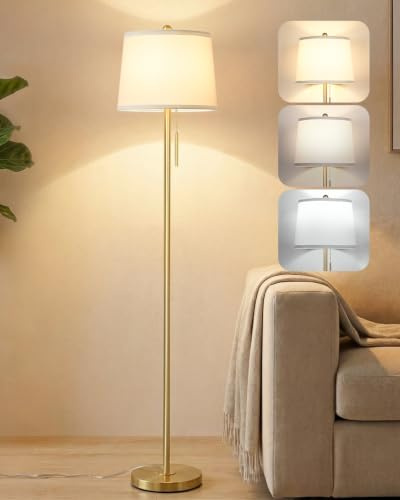 JUNNAI Floor Lamps for Living Room, 63 Tall Standing Lamp with Lampshade, 3 Color Temperatures,E27 Socket, Modern Floor Lamp for Bedroom, Living Room, Office,Gold(9W Bulb Included)