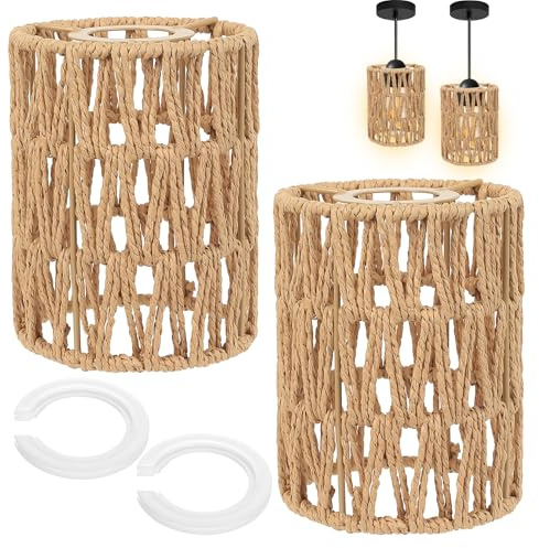 2 Stück Rattan Lampenschirm Hängelampe, Lampenschirm Boho Lampenschirme für Hängelampen, H 15cm Lampshades, Korbgeflecht Lamp Shade, Papierlampenschirm für Tischlampe Stehlampe, mit 2 Adapterringe