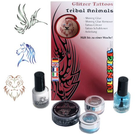 Eulenspiegel 730577 - Glitzer Tattoo Set Tribal Animals, Glitter-Set, für Karneval, Mottoparty