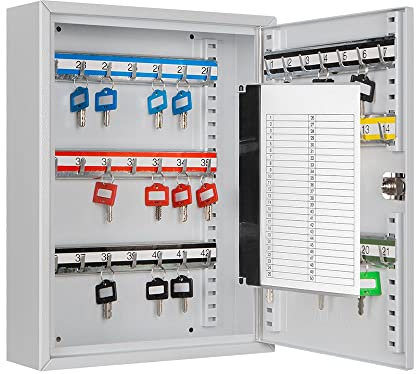 Melsmetall Schlüsselkasten SD42 – Schlüsselschrank mit 42 Haken, robuste Schlüsselbox aus Stahl, abschließbarer Safe, magnetische Außenseite, höhenverstellbare Leisten, Wandmontage (35x27x8cm)