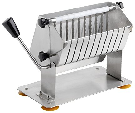 SARO Currywurstschneider – Manuell – 11 Scheiben à 18 mm – Für Würste bis 210 mm – Zerlegbar – Mit Saugnäpfen – B 340 x T 155 x H 210 mm - Modell CALLAS