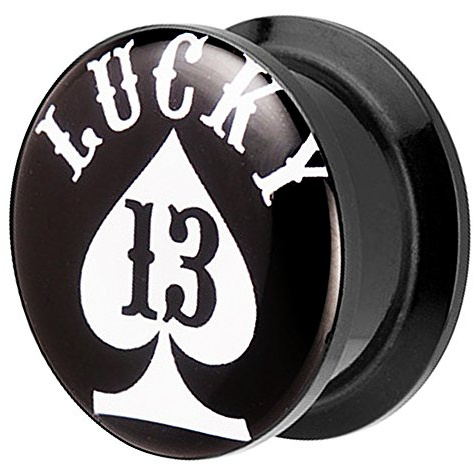 Piersando Ohr Plug Piercing Kunststoff Motiv Comic Picture Flesh Tunnel Ohrplug mit Lucky 13 Glück Poker Schwarz Weiß
