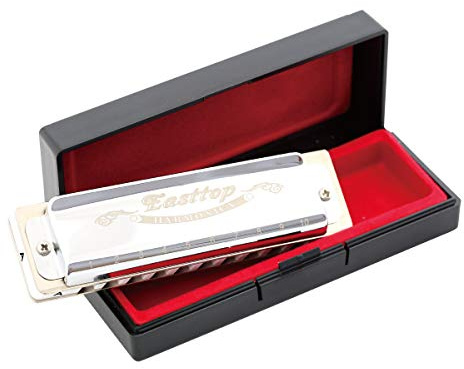 East top Blues Harmonica Key of A, 10 Holes Diatonic Mouth Organ T008, Silver Harmonica For Adults, Professionals and Students