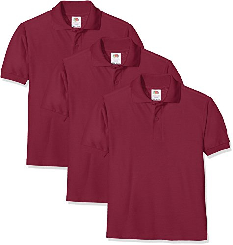 Fruit of the Loom Unisex Kids 65/35 Short Sleeve Polo Shirt Pack of 3, Burgundy, 9-11 Years (Manufacturer Size:32)