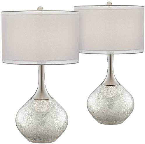 Possini Euro Design Swift Mid Century Modern Table Lamps 30.5 Tall Set of 2 Mercury Glass Chrome Double Sheer Drum Shade Decor Living Room Bedroom House Bedside Nightstand Home Office Entryway