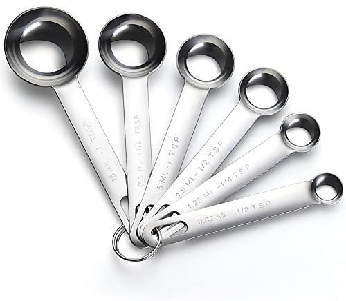 6-teiliges Messlöffel-Set Edelstahl runder robuster Spiegel, poliert 1/8 TSP, 1/4 TSP, 1/2 TSP, 1 TSP, 1/2 TBLS & 1 TBLS Messlöffel zum Backen von Speisen Silber