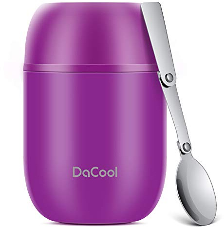 DaCool Insulated Food Jar Food Thermo Insulated Lunch Container 16 oz Vacuum Stainless Steel Kids Thermo for Hot Cold Food for Kids Adult with Spoon Leak Proof for School Office Travel, Purple