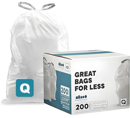 Plastplace anpassad passform soppåsar kompatibla med simplehuman Code Q (200 Count) Dragskoväskor 33-17 gallon vit, rivbeständig höga sopsäckar för sopburkar återvinning 1,2 mil