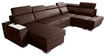 Robin Cezar Ecksofa Schlaffunktion Bettkasten Verstellbare Kopfstützen Sofa L-Form Schlafsofa Freistehende Eckcouch Schlafcouch Wohnzimmermöbel inkl. Laptoptisch Steckdose Rechts Braun