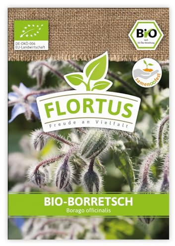 FLORTUS BIO Borretsch | Kräutersamen | Borretschsamen | Bio Saatgut aus Pflanzensamen | Samen zur Anzucht für Garten, Balkon, Küche & Fensterbank