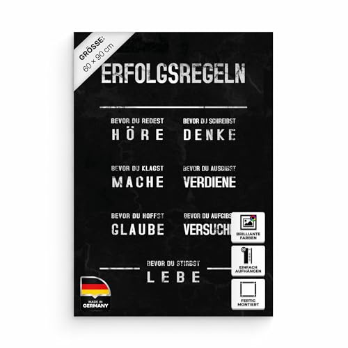 Hustling Sharks® Motivationsbild „Erfolgsregeln“ – Leinwand 60 × 90 cm | XXL Motivationsbild im Hochformat, Bilder Büro, Erfolg Bild, Bilder Spruch, Wanddeko Büro, Bilder Motivation