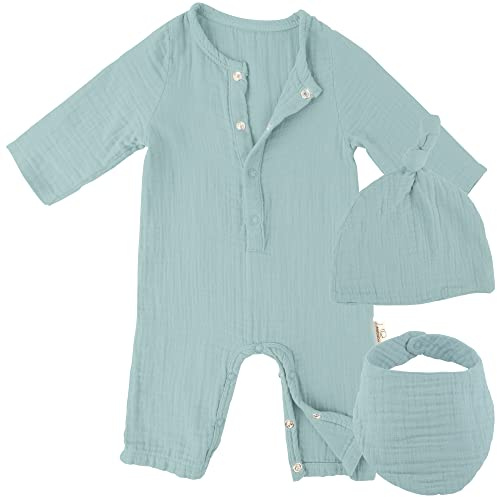 Mababu Baby Geschenk Set mit Strampler Lätzchen & Mütze | GOTS-Zertifiziert aus Musselin Bio-Baumwolle | Baby Geschenkset Kleidung für Junge & Mädchen | Baby Erstausstattung zur Babyparty | Sea Green