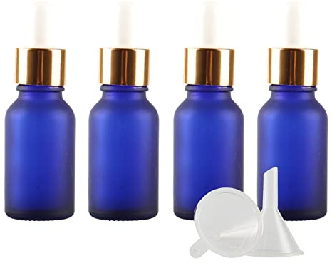 ZEOABSY 4 Stück 15 ml Gefrostet Blauglas Pipettenflasche mit Gold Pipettenring, Leere Glasflasche Glastropfer Glaspipette Tropfflaschen für Ätherische Öle Aromatherapie + 1x Trichter