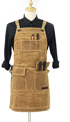 WTAXBH Arbeitsschürze Heavy Duty Waxed Canvas Arbeitsschürze mit Werkzeugtasche Einstellbarer Kreuzgurt-Carpenter-Schürze (Color : Khaki, Size : 67x83cm)