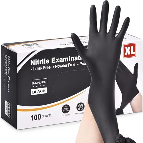 Black Nitrile Disposable Gloves - Latex Free, Powder Free, Exam, Surgical, Cleaning, Food Gloves - Extra Strong, Multi-Purpose, Black (XL)