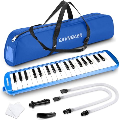 Eavnbaek 37 Tasten Melodica Instrument, Sopran Melodica Air Piano Keyboard Pianica mit 2 weichen langen Röhren, 2 Mundstücke Tube und Tragetasche für Schüler Anfänger Erwachsene Geschenk (Blau)
