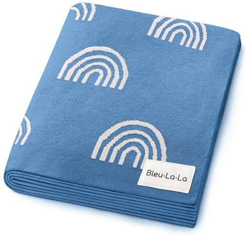 Bleu La La Empfangs Babydecke - 100% Luxuriöse Weichbaumwollstrick Warme Gemütliche Kuscheldecke für Kinderwagen und WiegePuckdecke für Neugeborene Säuglinge und Kleinkinder (Regenbogen - Blau)
