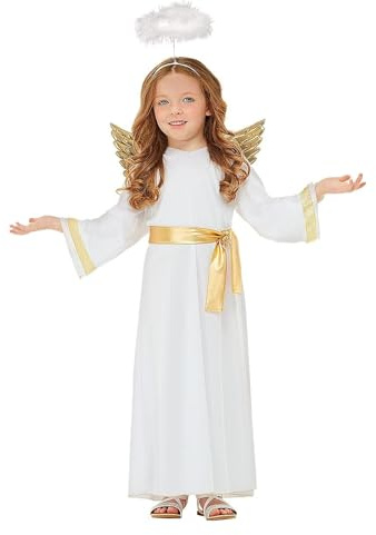 Funidelia Disfraz de ángel con aureola y alas para niño y niña, Navidad, Incluye vestido con cinturón, aureola y alas - Traje para niños para fiestas, Carnaval y Halloween, Talla 10-12 años