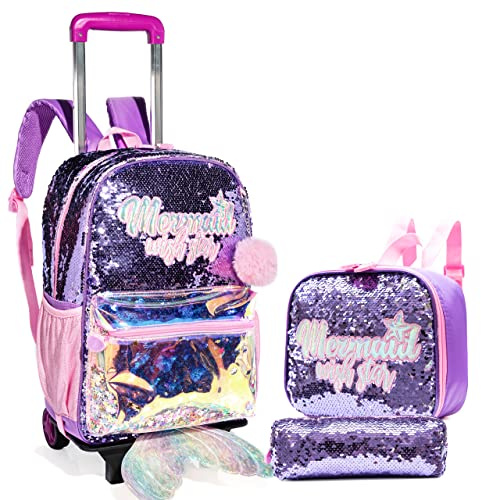 HTgroce Meerjungfrau Trolley Rucksack mit Rollen, Federmäppchen, Lunch Tasche 3 in 1 Rolling Schulranzen für Mädchen, Schultaschen-Sets Ideal für Kinder Schüler der 1 Klassen