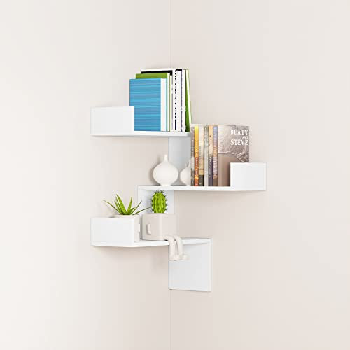 EUGAD Eckregal für Wand, Wandregal mit 3 Ebenen, schwebendes Regal Bücherregal Wandboard, Schweberegal Dekofür Wohnzimmer Schlafzimmer Küche Büro, modern weiß