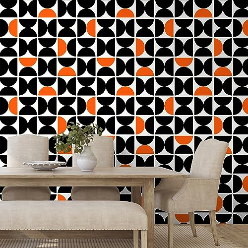 CHIHUT Modern Retro Geometric Peel and Stick Wallpaper White Black Orange Semicircular Curved Self Adhesive Wallpaper Removable Minimalist Art Decor Contact Paper 17.7x100 for Walls Shelves
