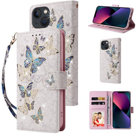 UEEBAI Wallet Case for iPhone 13 6.1 inch, PU Leather Phone Case Kickstand RFID Blocking Flip Case with Card Slots Wrist Strap Relief Engraved Pattern Magnetic Closure Folio Case - Blue Butterfly