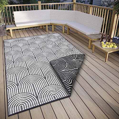Hanse Home Pangli Outdoor Teppich Wetterfest – Wendeteppich Skandinavischer Boho Style Wasserfest Einfarbig Geometrisch 3D-Effekt für Garten, Balkon, Terrasse, Wohnzimmer – Schwarz, 80x150cm