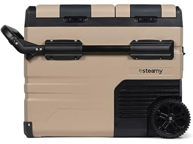Steamy-E Dual Zone 45 Roller, Frigorifero Elettrico a Compressore con Ruote, 12/24V DC e 100-240V AC, per Congelare e Raffreddare da -20℃ a +20℃, Ideale per il Campeggio, 45 Litri, Color Sabbia