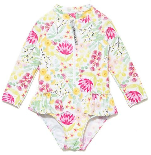 BONVERANO Traje baño bebé protección Solar UPF 50+ Cierre Cremallera con Volantes (Loto, 9-12 Meses)