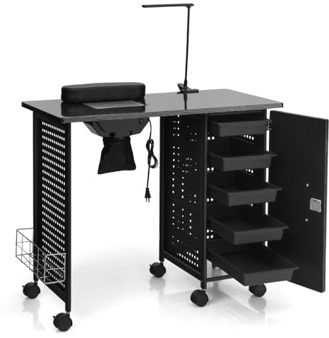 COSTWAY Table de Manucure Professionnelle avec 5 Tiroirs Amovibles 6 Roues, Bureau d’Esthéticienne Ongles Ventilée avec Lampe Casier Réglable, Station de Travail 90 x 43 x 74 cm, Noir