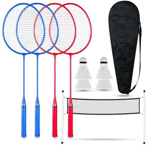 FK Sports 4 Player Badminton Set with Net, Outdoor Backyard Games, 4 Rackets, 4 Nylon Shuttlecocks, Racket Carry Bag,16.5ft Badminton Net With Poles and Anchors, Garden, Beach Play