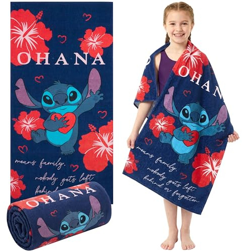 Disney Stitch Serviette de Bain Enfant Douce et Absorbante Serviette à Séchage Rapide Plage Piscine Vacances 140x70cm Voyage Accessoires (Bleu/Rouge Stitch)