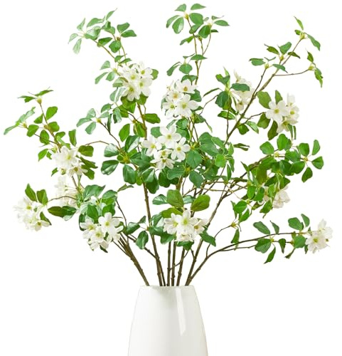Heleze 3 PCS 43.3 Inch Artificial Greenery Stems Fake Branches with Leaves for Vase Faux Plants Silk Flowers for Home Decor Indoor Serenity Blossoms White