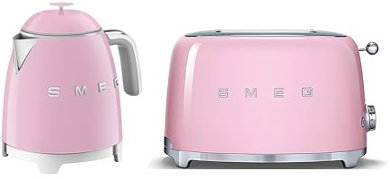 Smeg 50’s Style Retro Range Breakfast Set, 0.8L 1400W Mini Kettle and Multi-Functional Control 2-Slice 950W Toaster, Pastel Pink, KLF05PKUK/ TSF01PKUK