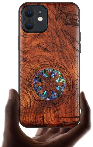 Carveit Étui Magnétique pour iPhone 12 Coque Luxe Cover [Bois et Incrustation de Coquille] Etui Compatible Magsafe avec Apple 12 Case (Rosé-Bouclier Viking)
