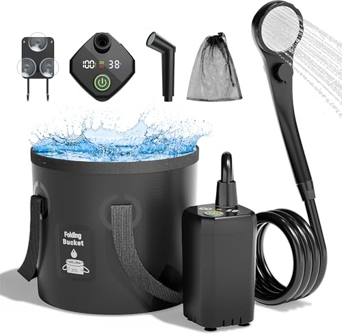 Moriko Portable Camping Shower, 6000mAh Rechargeable Shower Pump, Filtered Shower Head & 5 Gallons Foldable Bucket, Outdoor Shower for Hiking Beach, Travel, Pet Bath, Car Washing, Surf & Boat Cleaning