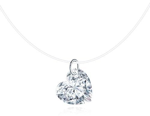 MICMIF 925 Sterling Silber Halskette Damen Choker Solitär aus Zirkonia in Form eines Herzens/Sterns/Rundes/Tropfens Anhänger mit Transparente Nylonkette, Zirkonia Diamant Halskette für Mädchen