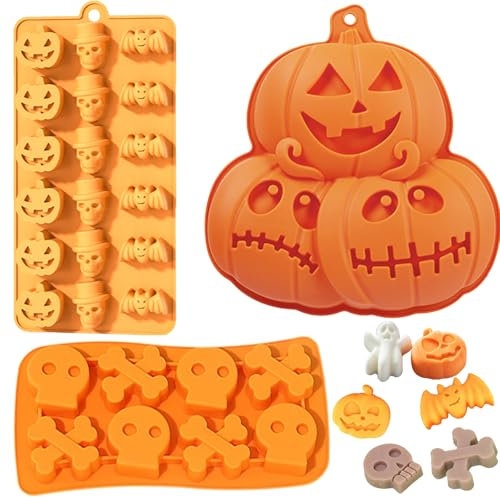 3 Stücke Halloween Silikon Kuchenform, Teufelskürbis Backformen Gruselige Kürbisse Geister Totenkopf Silikonform DIY Silikonform, Zur Herstellung von Partykuchen, Muffins, Süßigkeiten