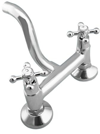 Armatur Küche Ausgußbecken Zweigriff Wasserhahn Mischer Wandarmatur Spültisch Wandmontage Nostalgie Messing,Verchromte Messing Zweigriff Wandarmatur mit einem schwenkbarem Auslauf