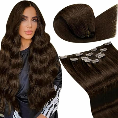 LaaVoo Clip in Extensions Echthaar Braun Extensions Clip in Echthaar Doppelt Tressen Schokolade Braun Haarverlängerung Echthaar Extensions Clips #4 5 Stück 80g 35 cm | Extensions Clip in Echthaar Doppelt Tressen Schokolade Braun Haarverlängerung Echthaar Extensions Clips