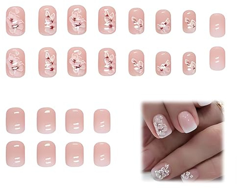 BIRLOZA 24 Stück Weiß Eckig Nägel Zum Aufkleben Kurz mit Blumen Muster Gradient Pink Press on Nails Kunstnägel Fake Nails für Nails Art Square French Künstliche Nägel für Frauen