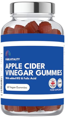 Pure:Vitality Apple Cider Vinegar Gummies - 1000mg Enhanced with Vitamin B12 & Folic Acid – 60 High Strength ACV Vegan Gummies with Pomegranate & Beetroot Powder – Natural Ingredients
