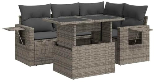 vidaXL 5-TLG. Garten-Sofagarnitur mit Kissen Grau Poly Rattan
