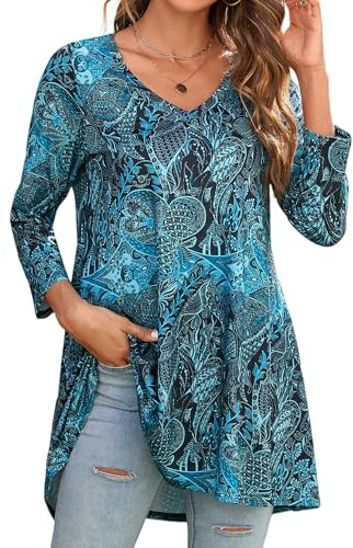 Enmain tunika dam 3/4 ärm långärmad tunika för kvinnor v-ringad stora storlekar blusar elegant festlig lång blus lång skjorta ledig för leggings, Smaragdgrön, 3XL