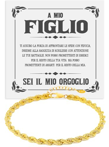 Bracciale Uomo Corda Finitura Oro18k in Argento Sterling 925 A mio Figlio Idea regalo compleanno - Idee Regali per lui per Natale anniversario - Cofanetto con DEDICA incluso