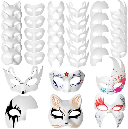 Xaztr 30Pcs White Paper Mache Masks, DIY Paintable Art Cosplay Masks Half Face Party Craft Blank Paper Mask (6 Styles)