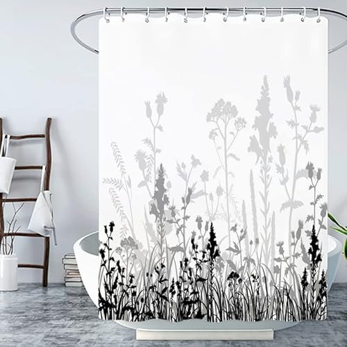 Duschvorhang Schwarzgraue Pflanzen Badevorhang Polyester Duschvorhang Stoff Anti Schimmel Shower Curtains Waschbar Duschvorhang 200x200 Duschvorhänge mit 12 Duschvorhangringen