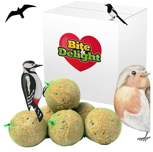 Bite & Delight Boules de Graisse pour Oiseaux - 48 Boules x 500g de Nourriture Riche en Nutriments - Idéal pour Mésanges, Moineaux et Oiseaux de Jardin - Aliment pour Toute l'Année