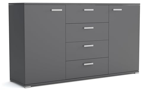 Brent - Kommode mit 4 Schubladen und 2 Turen 150 cm Breit Brixton, Sideboard für Wohnzimmer oder Schlafzimmer, Komodenschrank, Kommode Grau